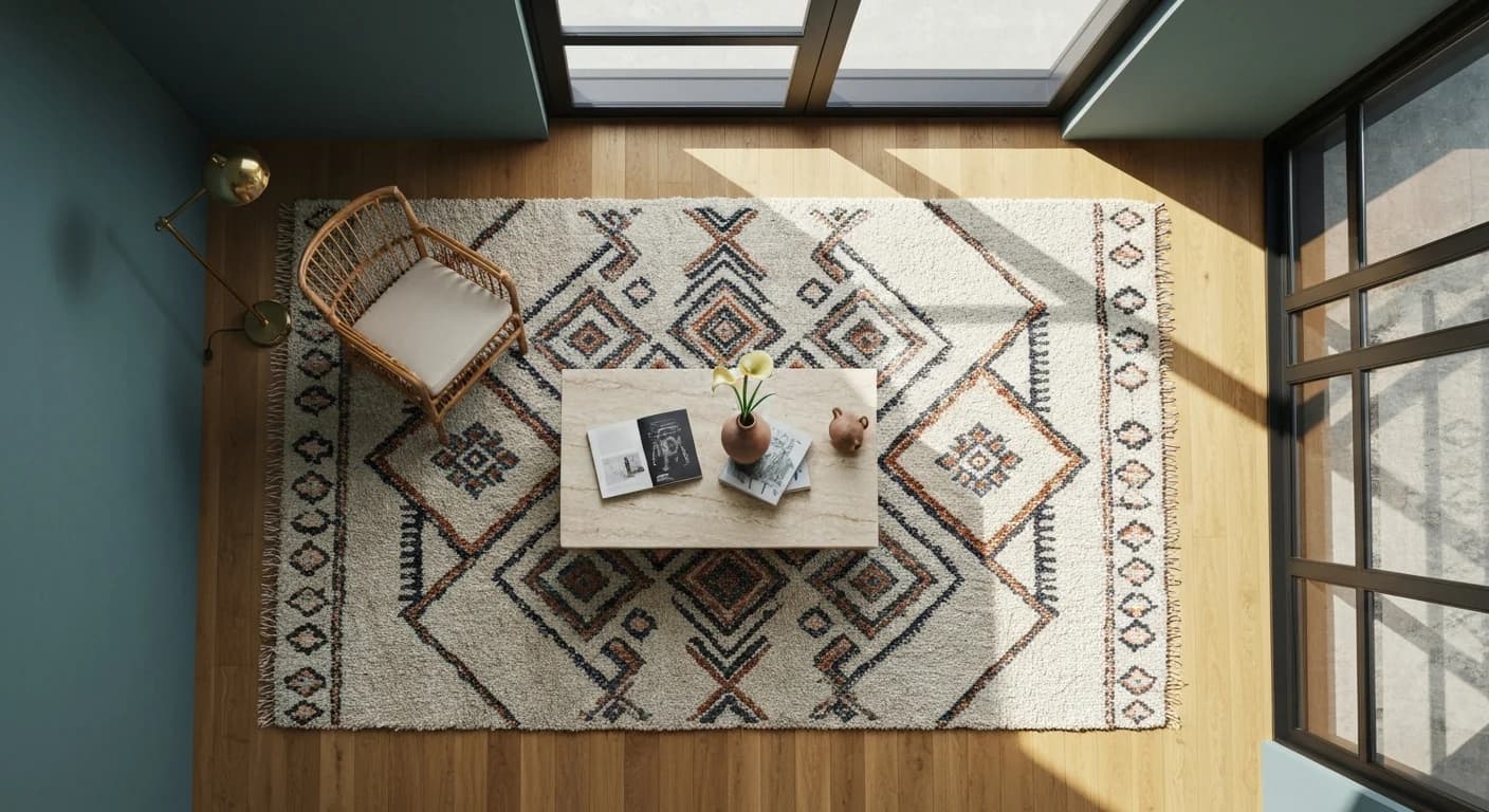Salon contemporain vu du dessus avec grand tapis Berbere, table travertin, lampe laiton — lumiere du matin