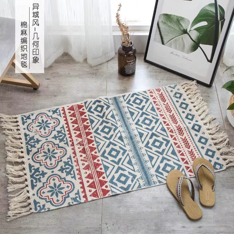 Tapis en lin de coton turc, imprimé à la main, avec glands, pour l'entrée, lavable pour la chambre,