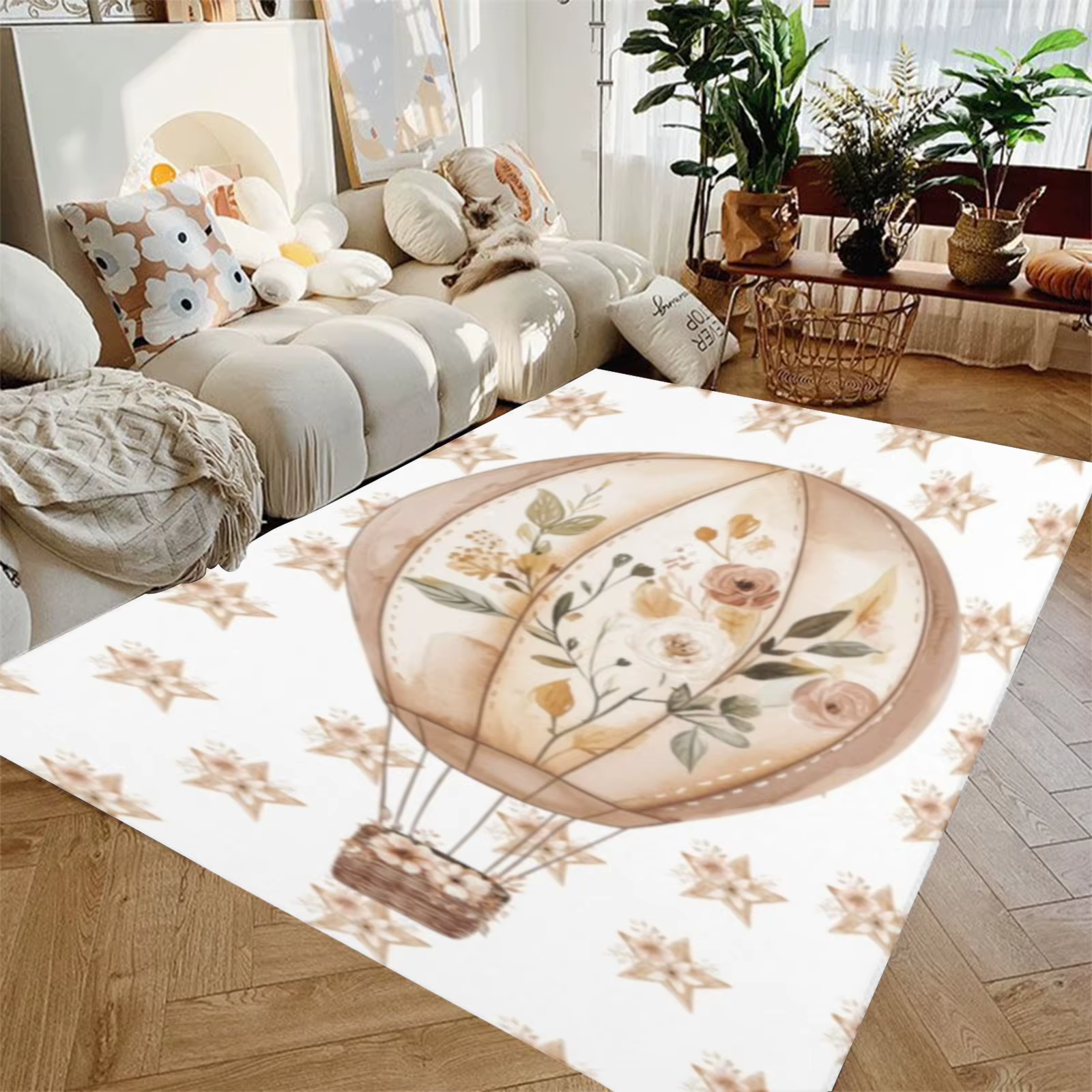 Tapis de pépinière Boho Hot Air Balloon – Tapis de jeu floral doux pour chambre d'enfants, décor neu