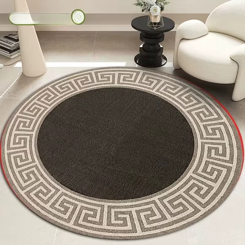 Tapis rond noir clé grecque pour salon, chambre à coucher, motif clé grecque, revêtement intemporel 