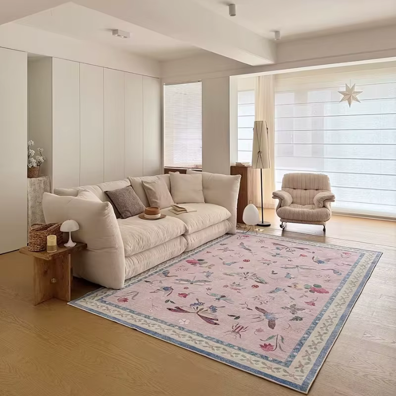Tapis de salon vintage français rose à thème insectes, tapis de sol doux et moelleux, tapis de chamb