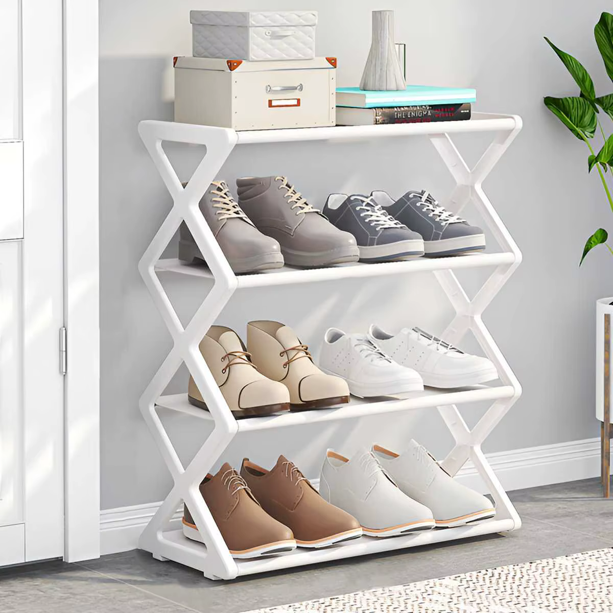 Étagère à chaussures 4 niveaux en X, multifonctionnelle et anti-poussière, idéale pour les dortoirs,
