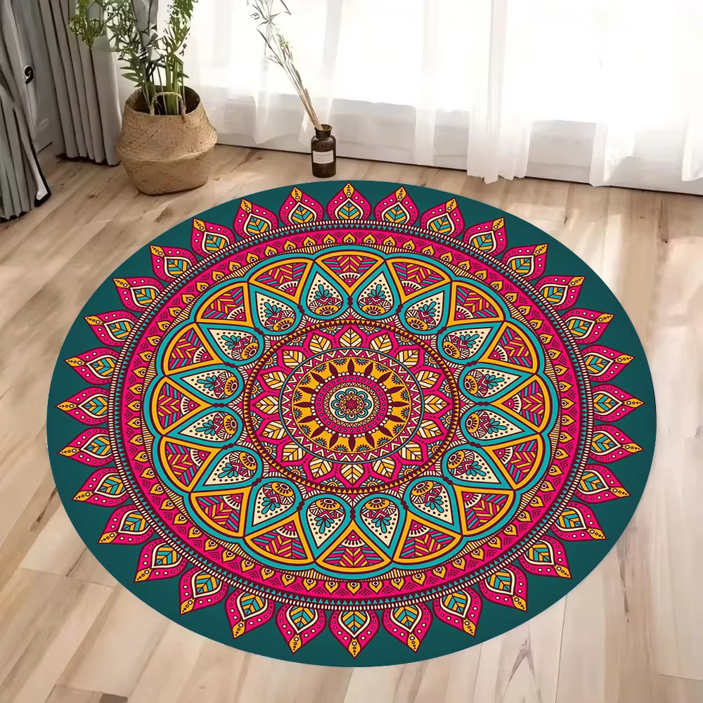Tapis rond Mandala, tapis de sol géométrique, Art déco, circulaire, traditionnel, antidérapant, noir