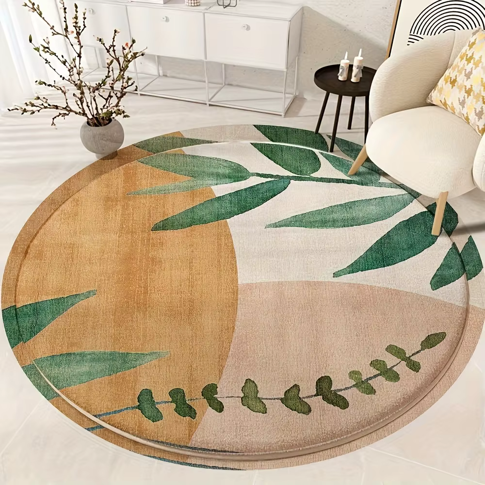 Tapis rond à motif de feuilles beiges – Tapis en peluche douce, antidérapant, tapis de sol floral ve