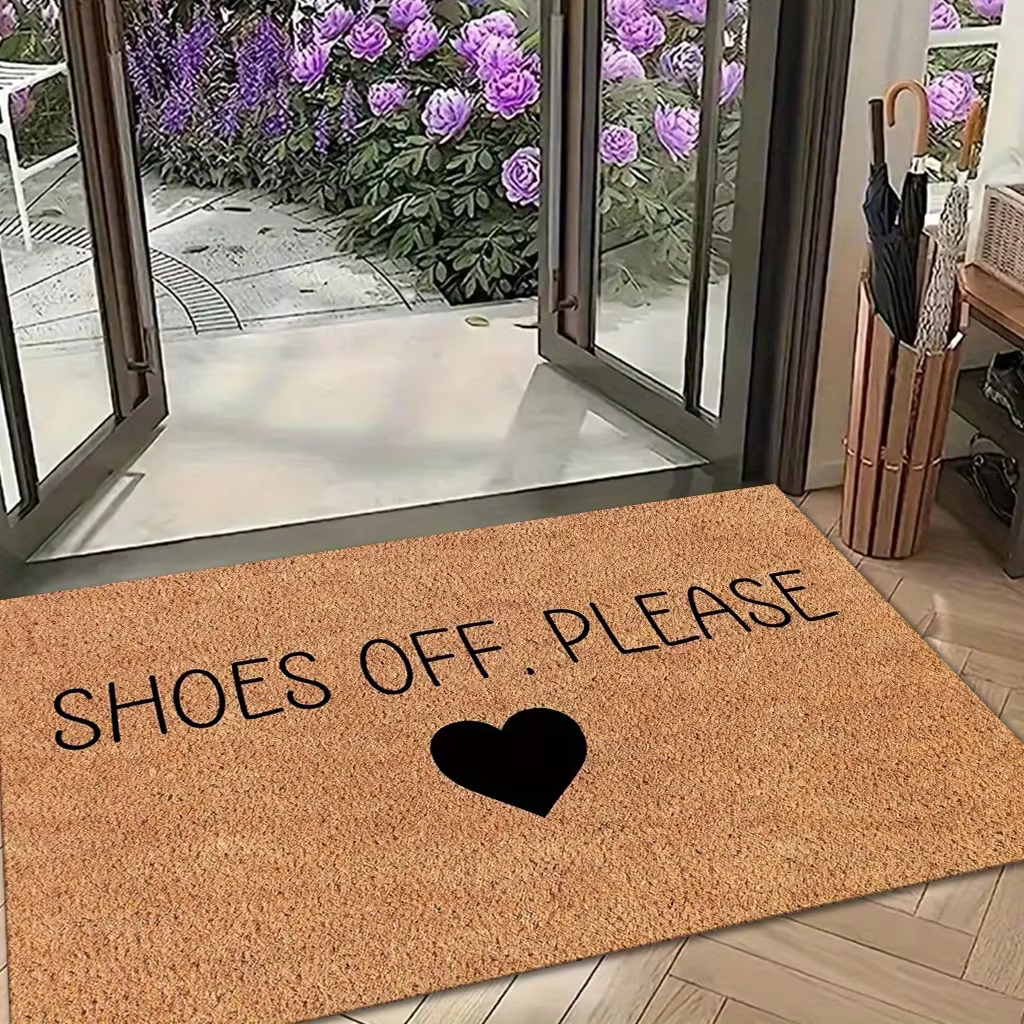 Un tapis de porte avec la phrase SHOES OFF. S'il vous plaît, avec un motif en forme de cœur, parfait