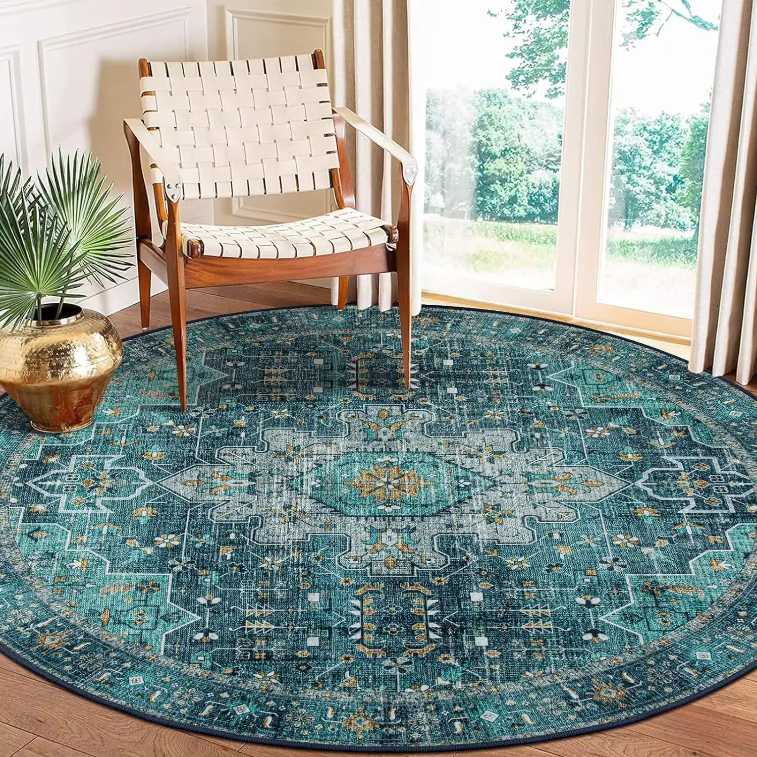 VIKAMA Tapis rond bohème vintage antidérapant et résistant à l'usure pour la décoration de la maison