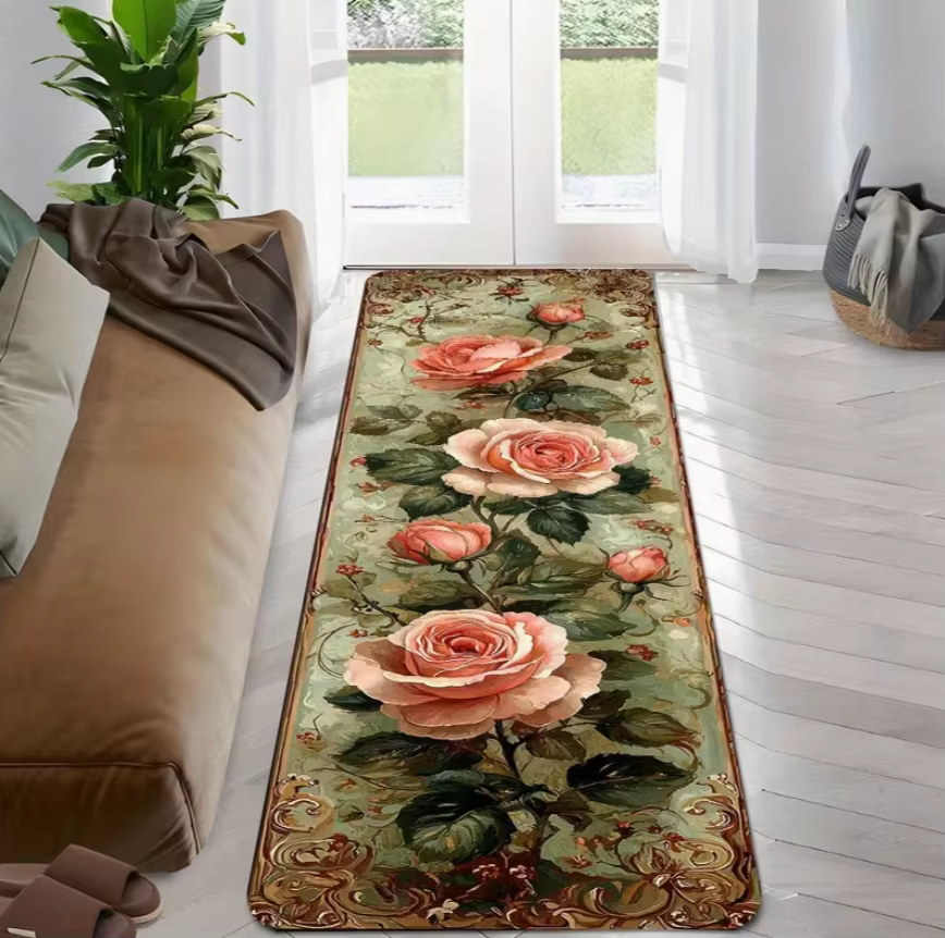 Tapis de couloir antidérapant 1 pièce, style européen, motif floral rythmique roses roses et branche