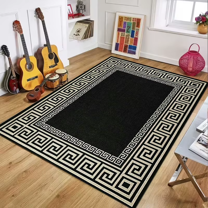 Tapis Géométrique Grec Rétro Antidérapant Lavable, Tapis de Sol Noir et Blanc à Bordures, Design Mod