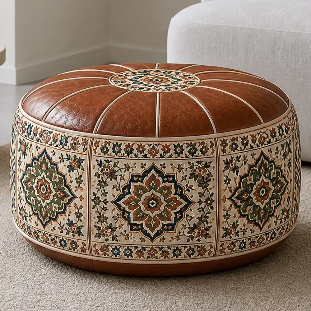Pouf ottoman à motif bohème, design remplissable, grande ouverture, ottoman de rangement, cuir PU ré