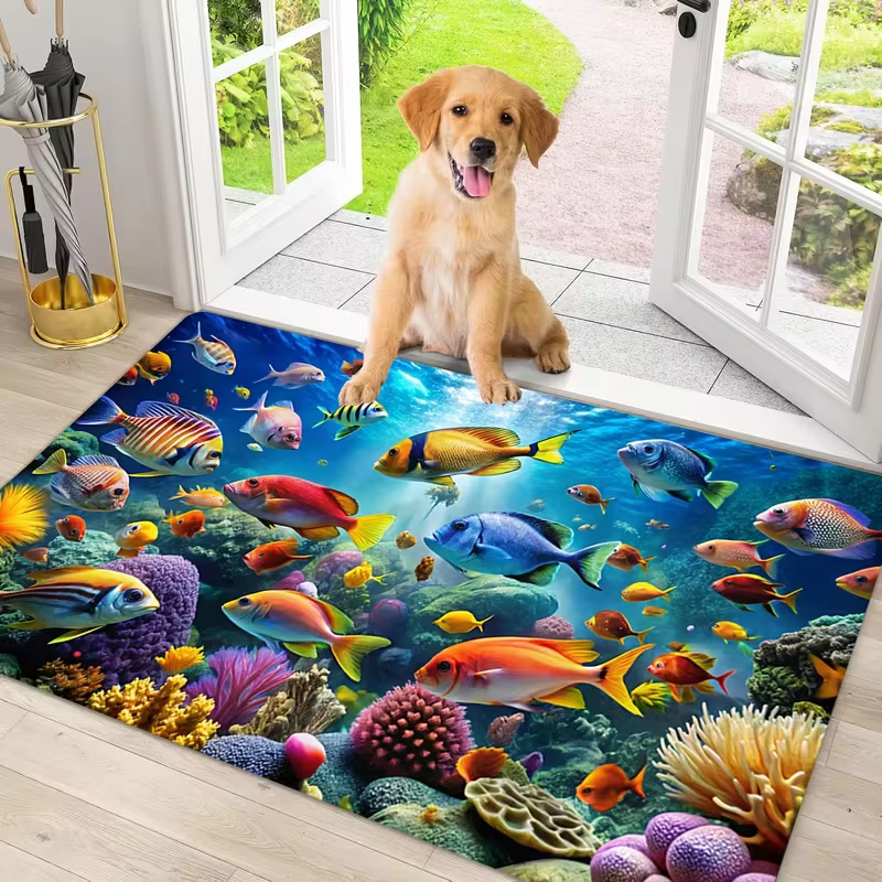 Tapis de sol décoratif pour la maison, motif groupe de poissons nageant librement dans le monde sous