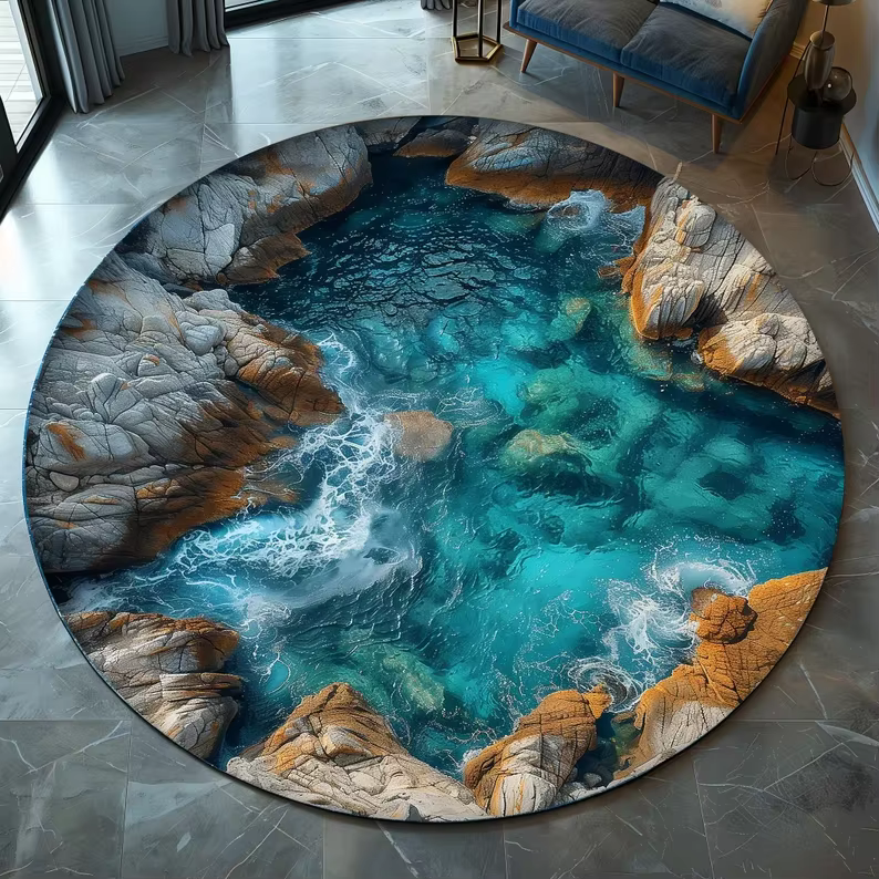 Tapis Illusion Vortex Océan Profond Rond Bleu Tourbillon, Tapis 3D Fantaisie Océanique pour Salon, C