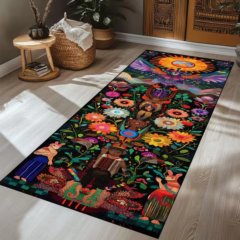 Tapis rayé avec devise tropicale, rouge audacieux/jaune/vert avec palmier imprimé "ONE LOVE", tapis 