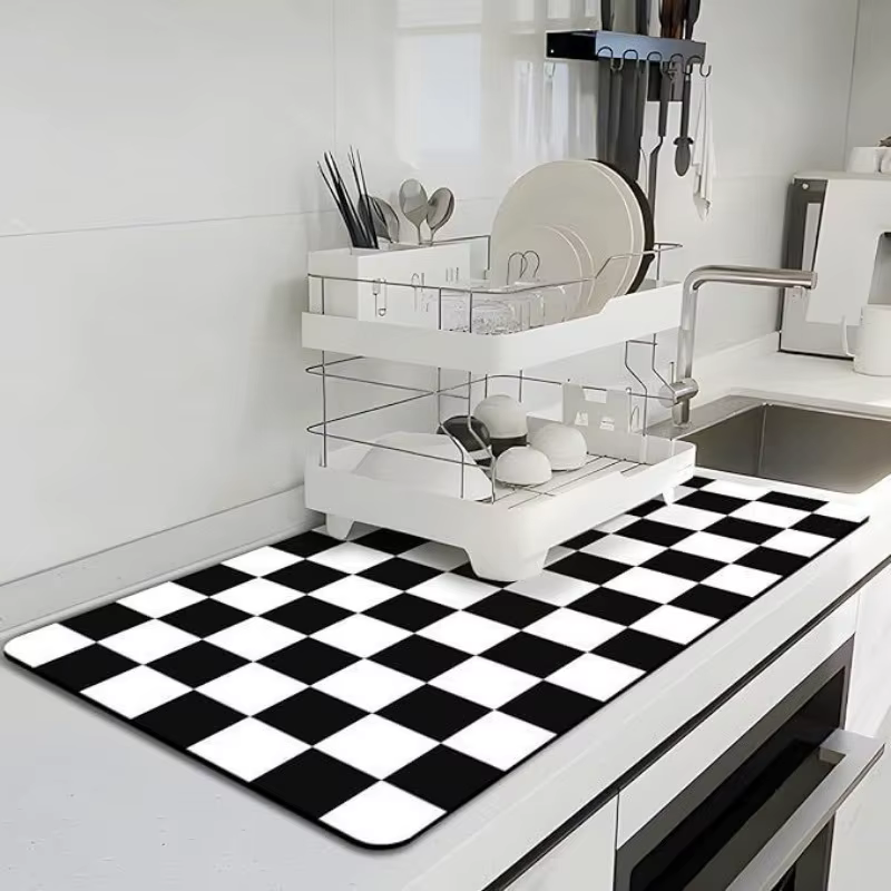 Tapis de cuisine imprimé à carreaux, tapis de séchage de la vaisselle, tampon de vidange absorbant,