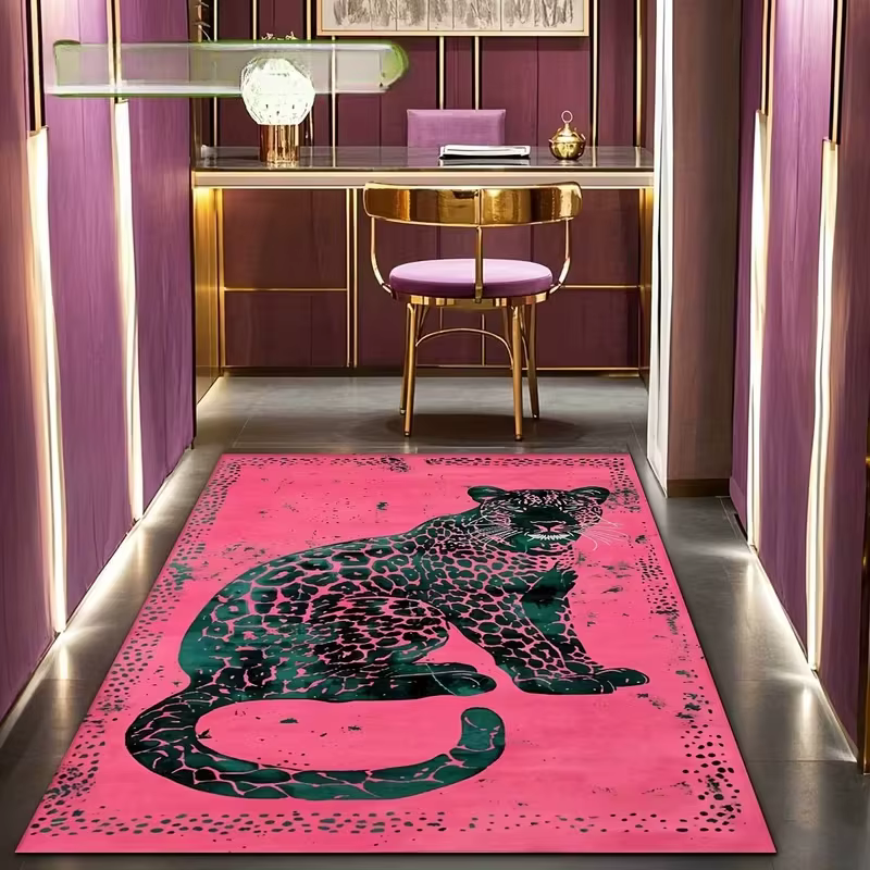 Tapis imprimé avec portrait de léopard rose artistique, tapis de sol pour salon, chambre à coucher, 