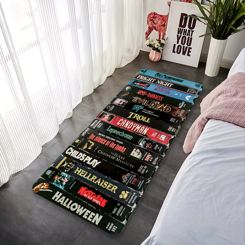 Tapis thème film d'horreur avec titres de films emblématiques, tapis lavable en machine pour Hallowe