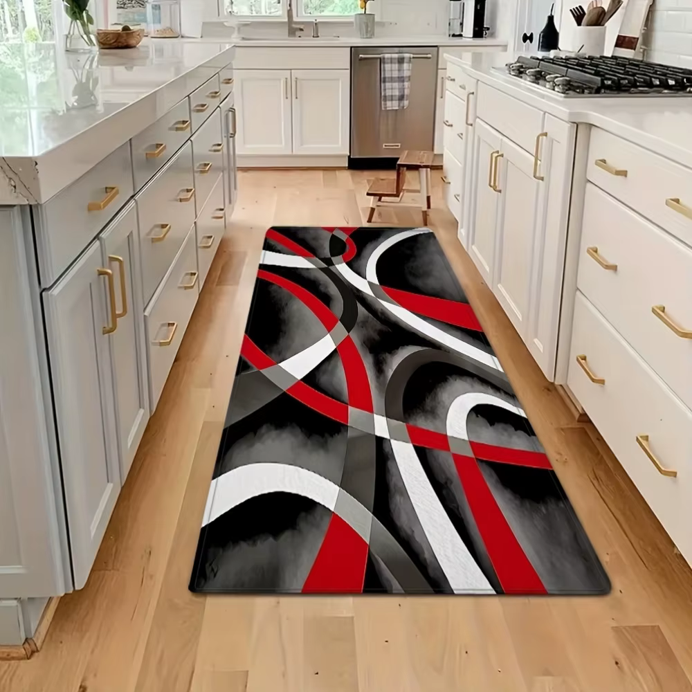 Tapis de cuisine géométrique noir rouge gris, tapis abstrait, tapis moderne pour salle à manger, déc