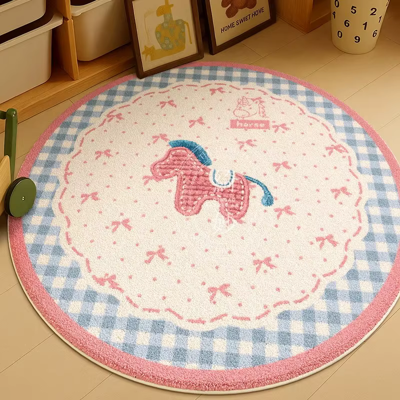 Tapis rond antidérapant VIKAMA Kawaii rose avec bordure à carreaux bleus pour la décoration de la ch