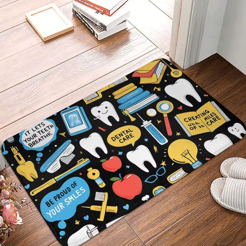 Tapis de sol antidérapant à motif dentaire mignon avec impression de dents et d'instruments pour la