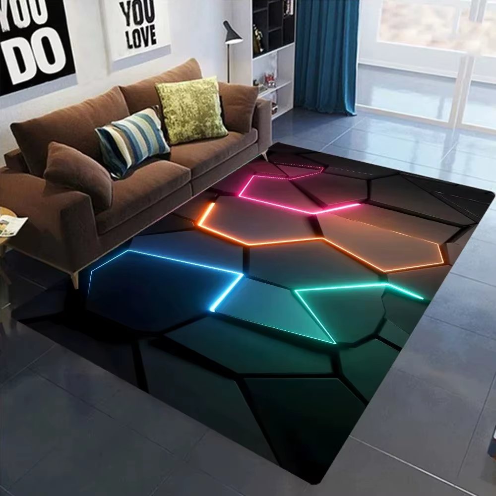 Tapis géométrique 3D avec lumières néon, hexagones, pour la maison, jeu, salle de jeu, décor, salon,