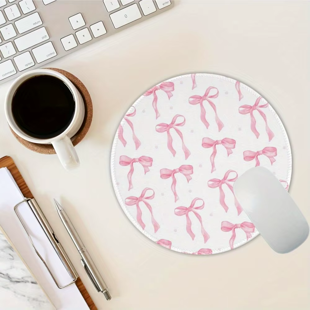 Tapis de souris rond rose avec nœud, antidérapant, en caoutchouc, lavable, accessoires de bureau, ac