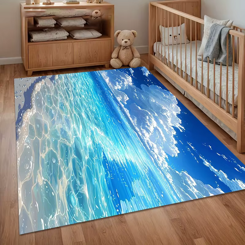 Tapis de sol Ocean Wave antidérapant et lavable pour salon, chambre et entrée, avec motif turquoise