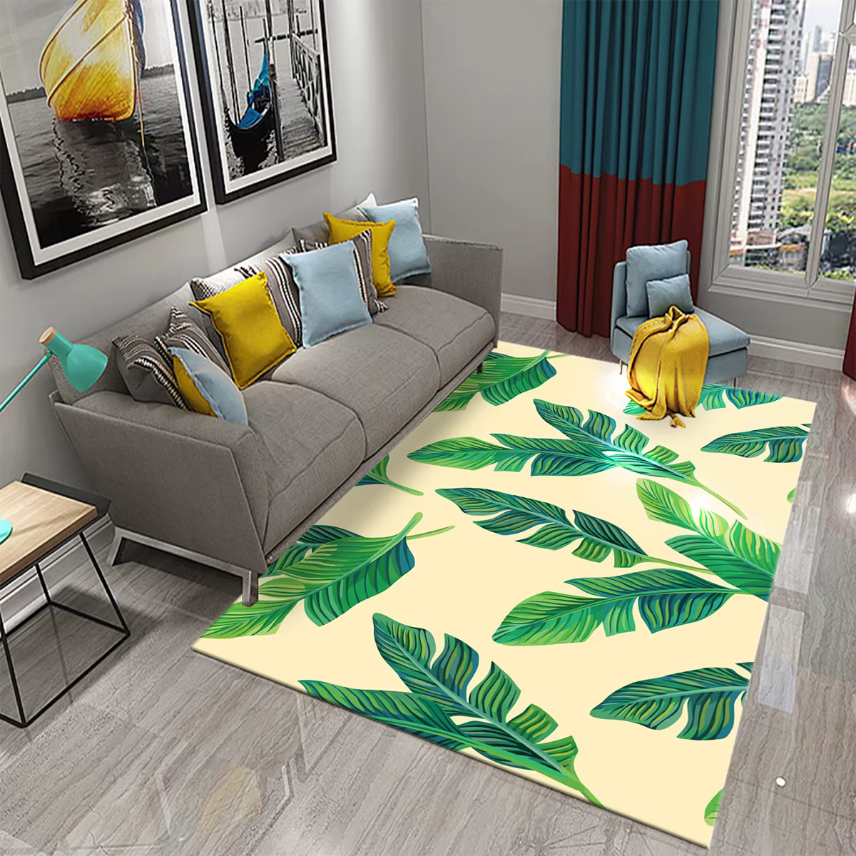 Tapis 3D en Cuir oral elu de Palmier, Plantes Tropicales Vertes, pour Cuisine, Paillassons Antidérap