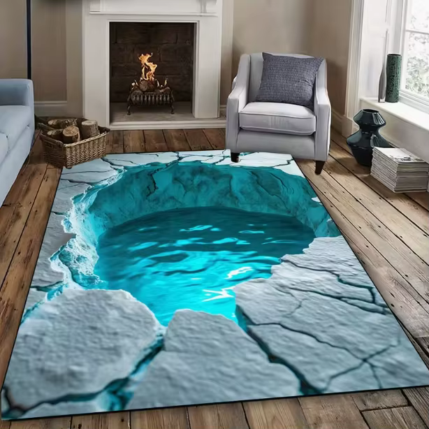 Tapis 3D effet illusion visuelle Désert Bleu Givré pour Chambres, Salons, Salles à Manger, Zones de 