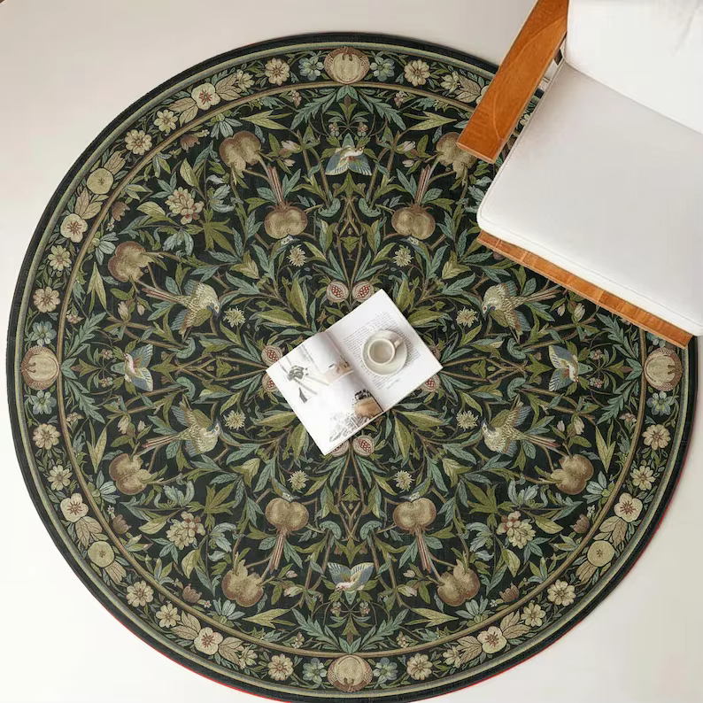 Tapis rond doux et antidérapant, motif floral botanique vintage, oiseau et grenade, pour décoration 