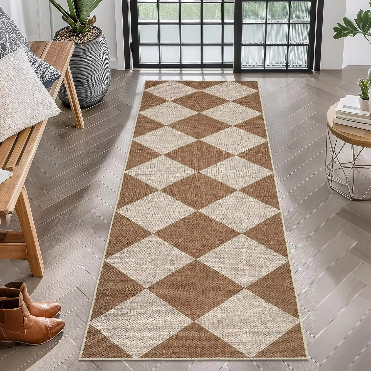 Tapis de couloir artistique à carreaux antidérapant noir et crème, motif écossais tissé, lavable, ta