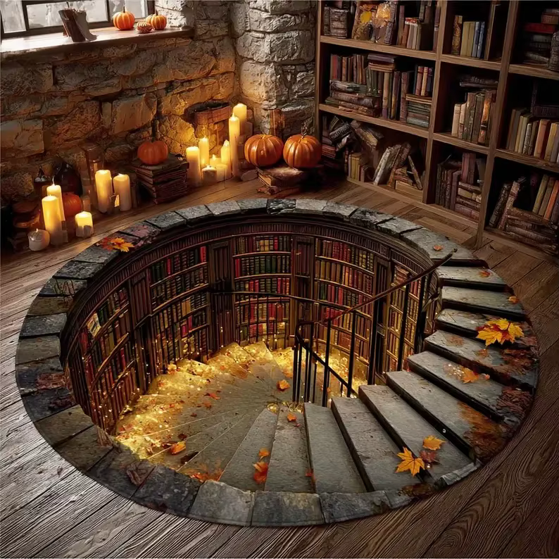 Tapis rond confortable à illusion 3D, motif Bibliothèque et Escalier en Spirale, pour salon de lectu
