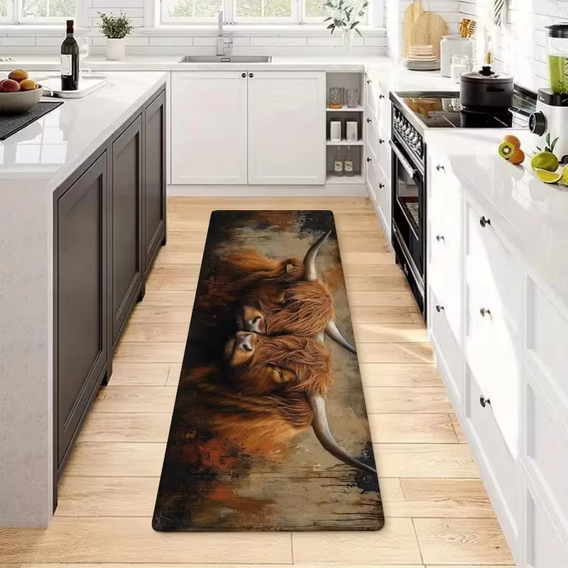 Tapis de sol à motif Highland Cow, antidérapant, imperméable, lavable, pour cuisine, salon, buanderi