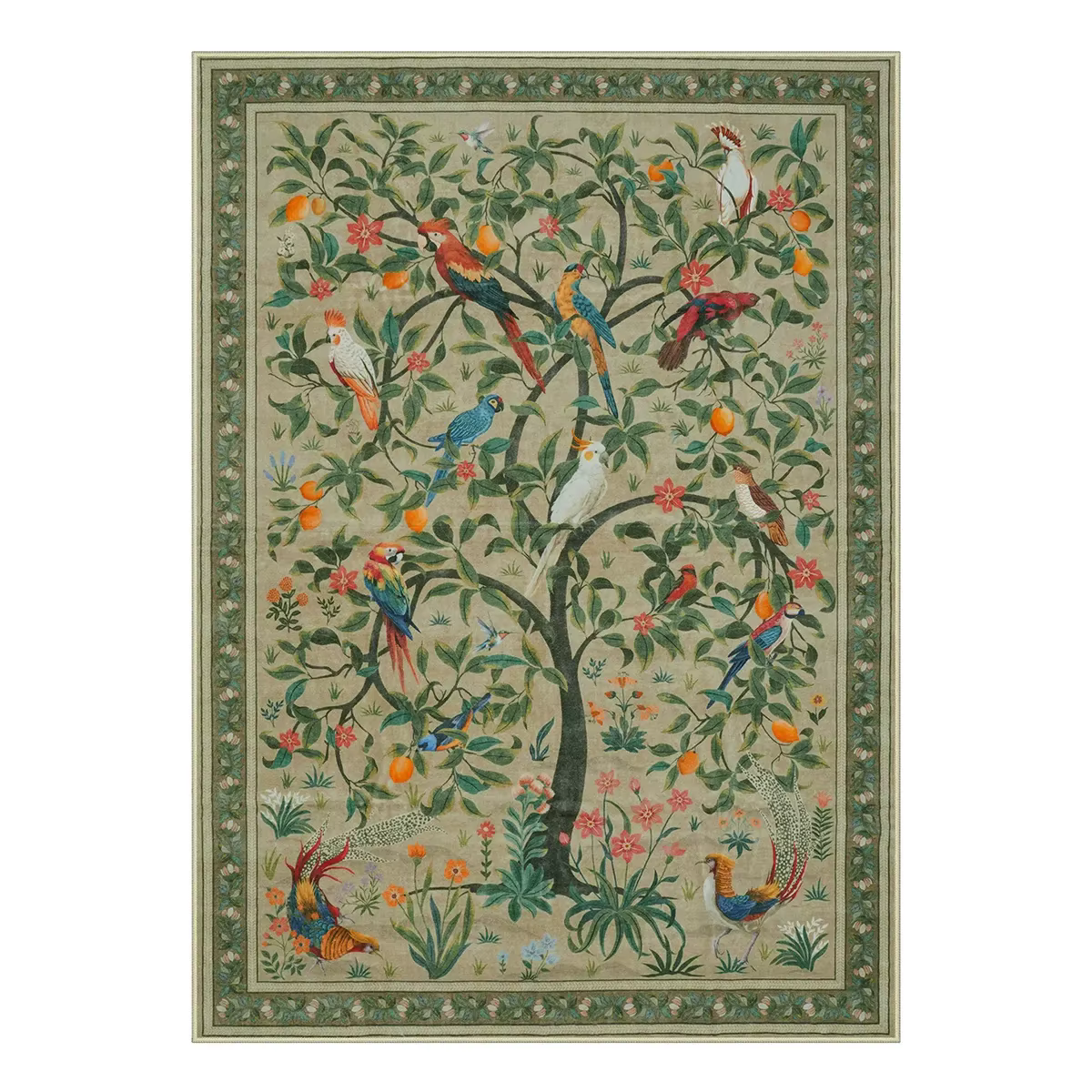 Tapis vert Olive Maximalist Jungle Bird pour salon, chambre à coucher, vestiaire, cuisine, porte d'e