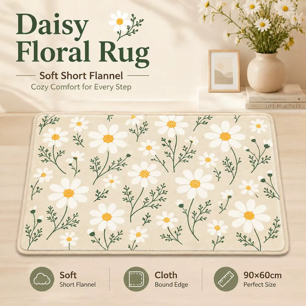 ESRBSO Tapis floral Daisy 90x60cm, tapis de sol antidérapant en flanelle courte et douce, bord en ti