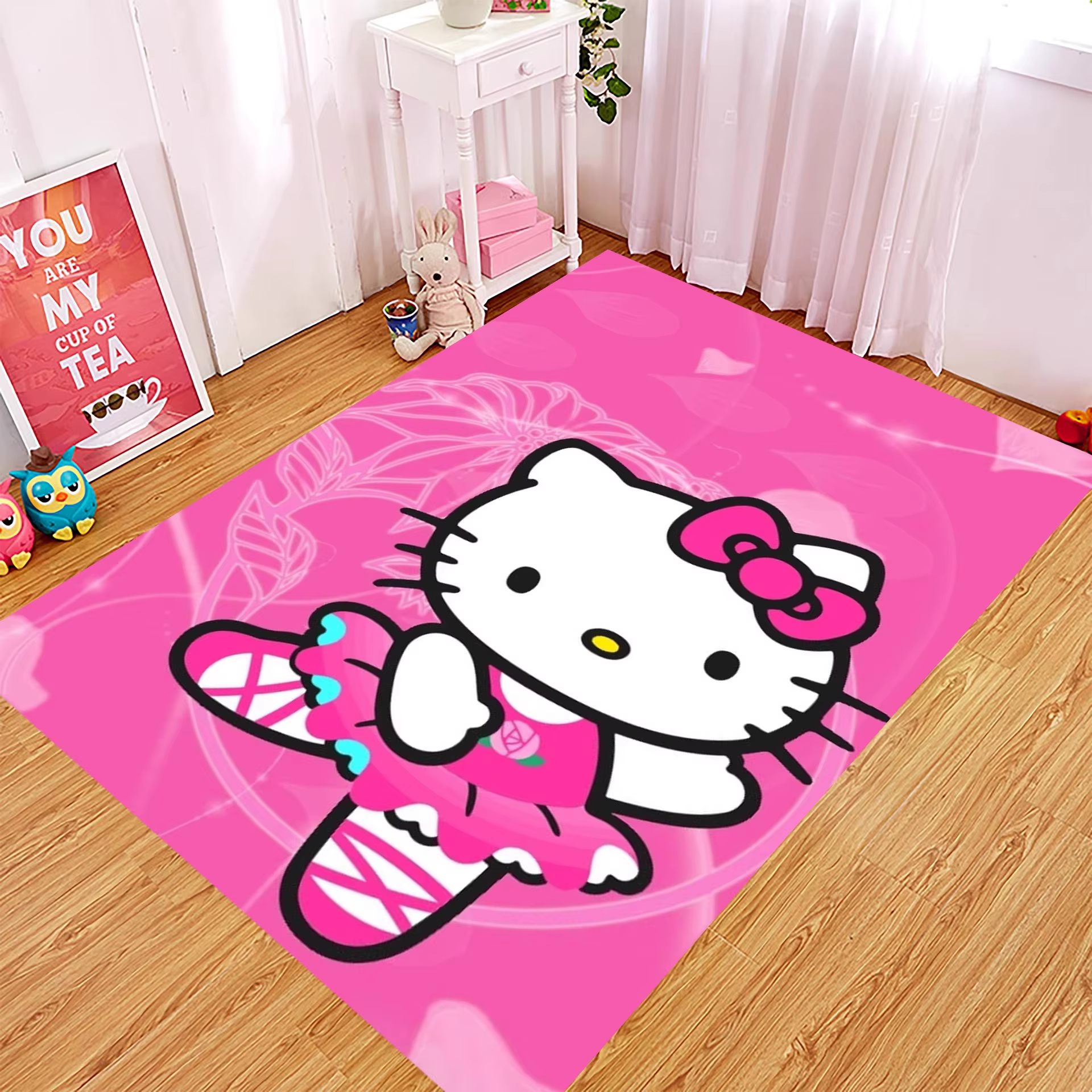Tapis rayé rose Hello Kitty et sa famille, tapis de sol imprimé de fleurs de dessin animé Kawaii, po