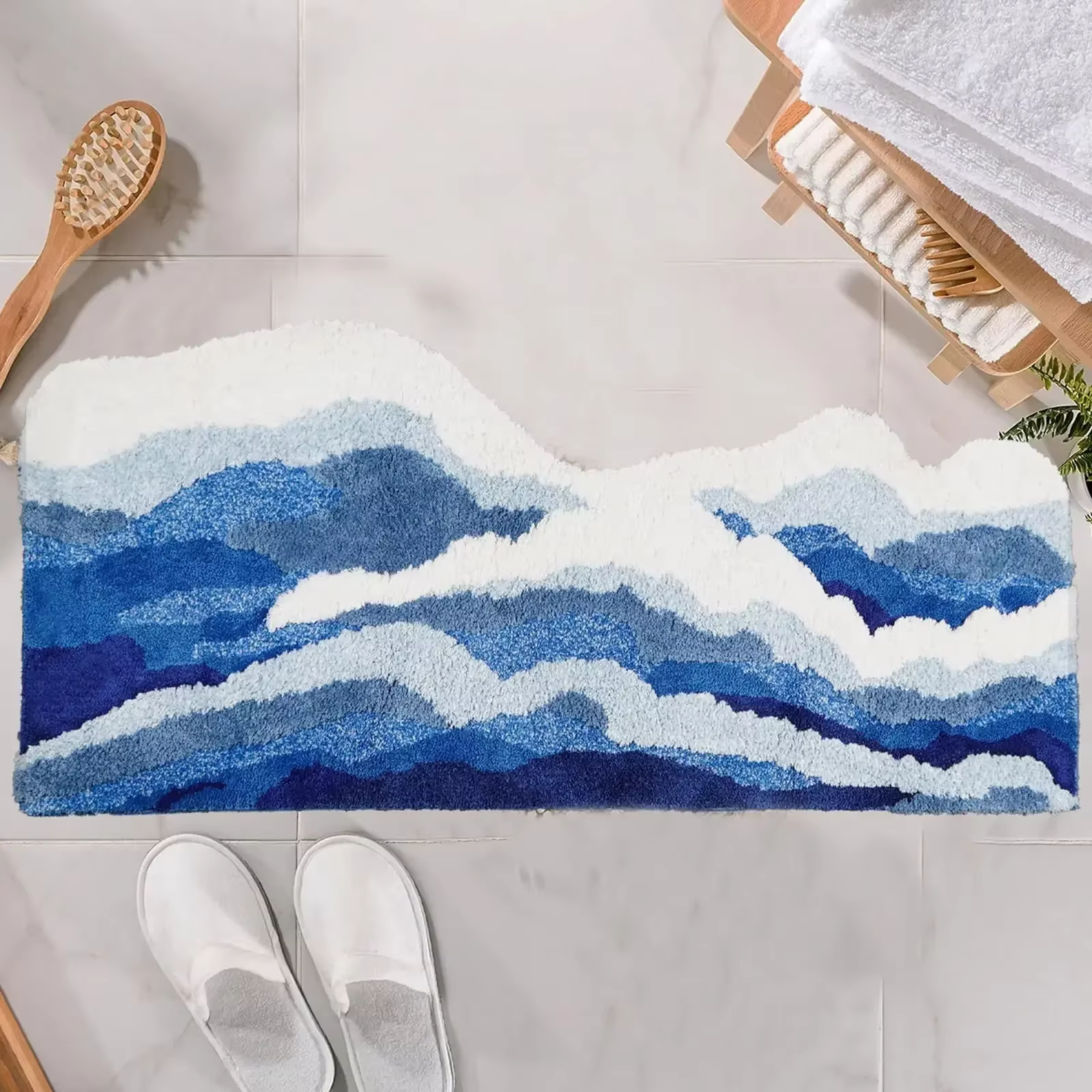 Tapis capitonné ondulé esthétique, antidérapant, pour salle de bain, océan, mer, bleu, en peluche, o