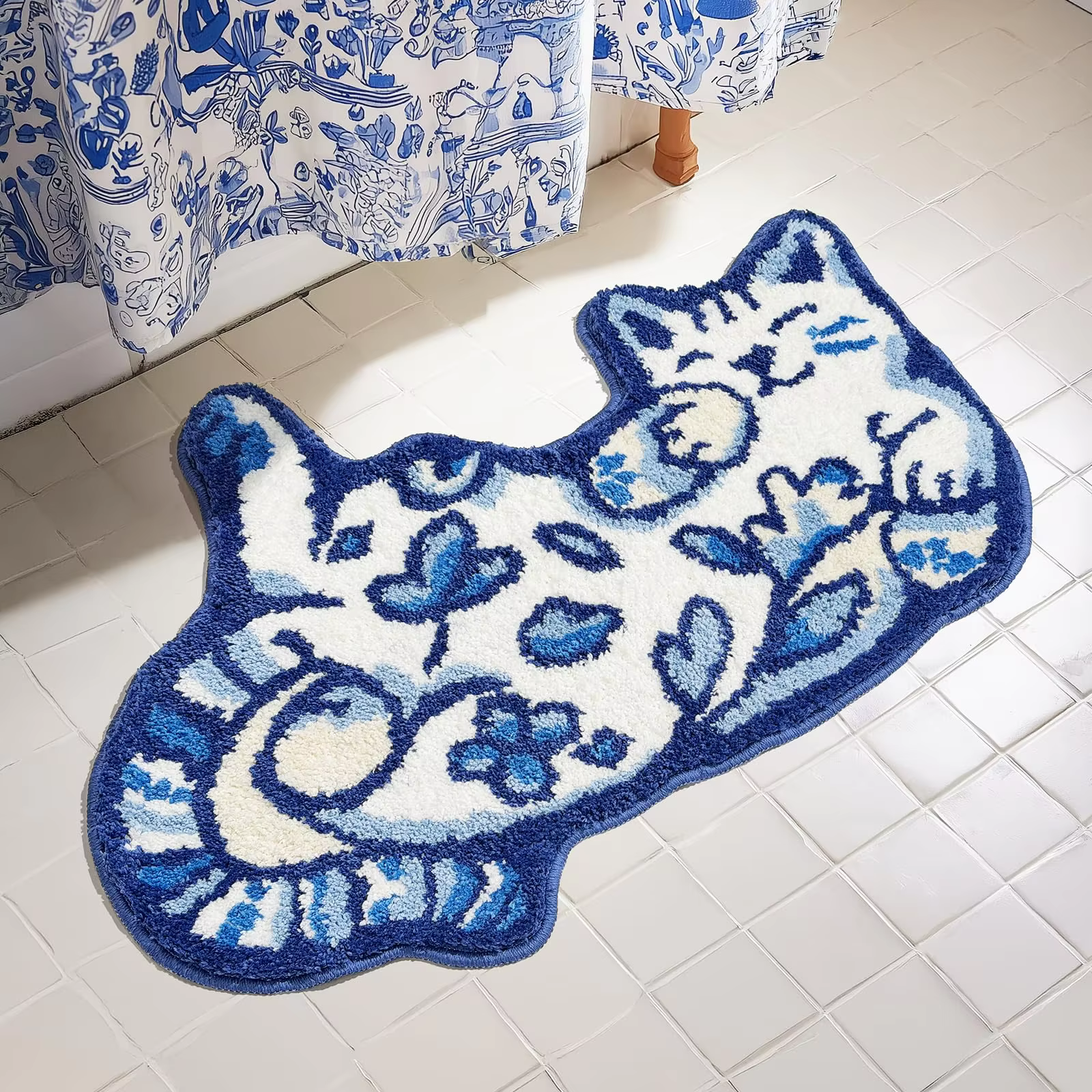 VIKAMA Tapis bleu Delft pour chat, antidérapant, absorbant l'eau, pour salle de bain, tapis de sol d