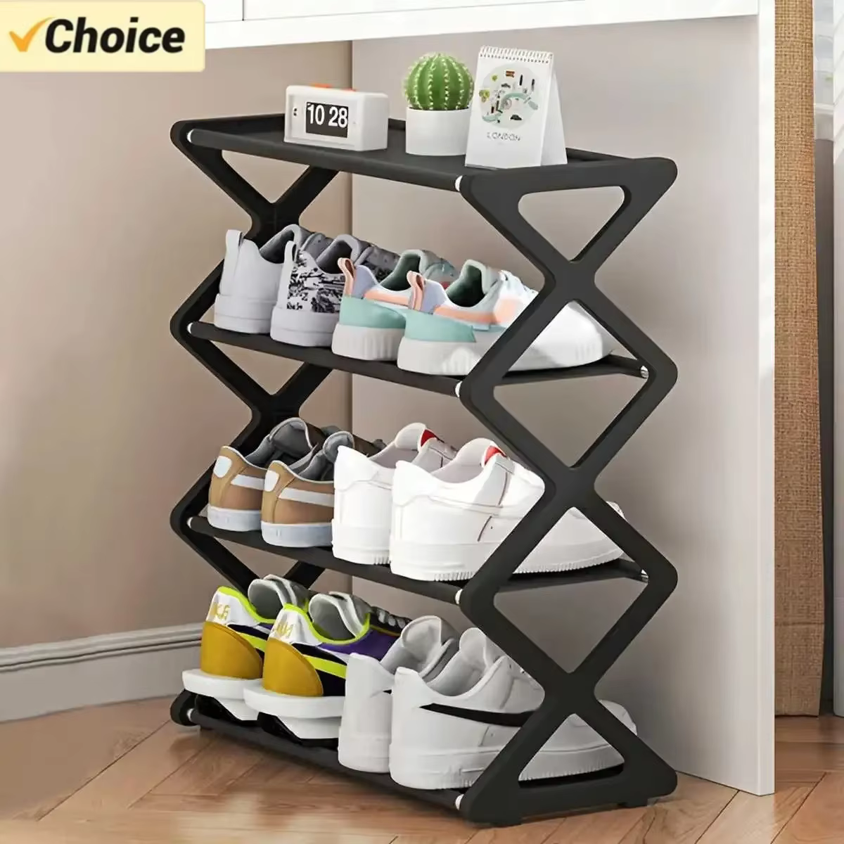 Étagère à chaussures 4 niveaux en X, multifonctionnelle et anti-poussière, idéale pour les dortoirs,