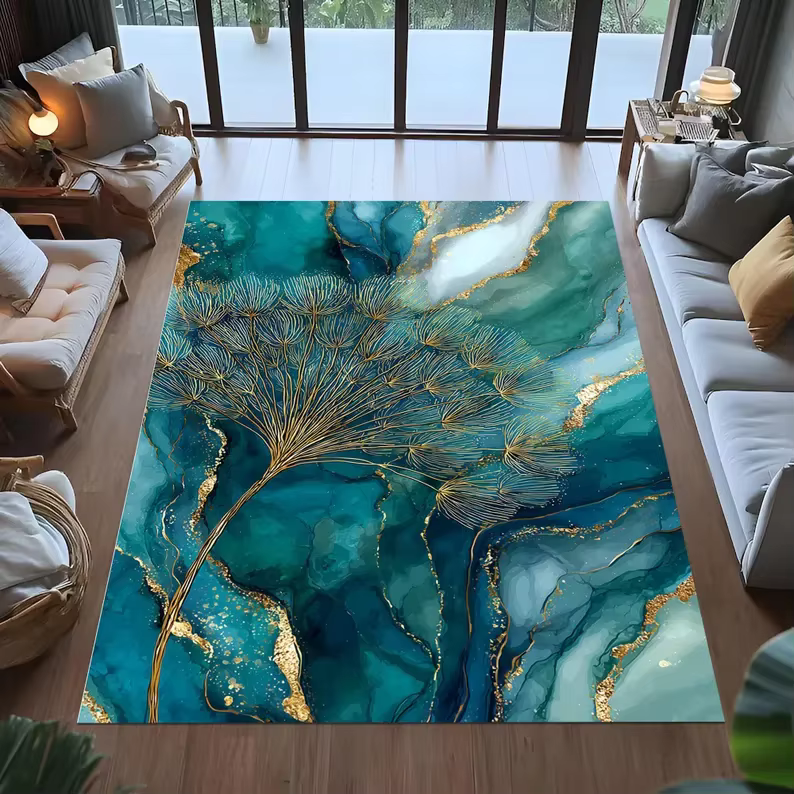 Tapis à motif de marbre, abstrait doré, Art moderne, de luxe, pour salon, Design bleu vert, élégant,