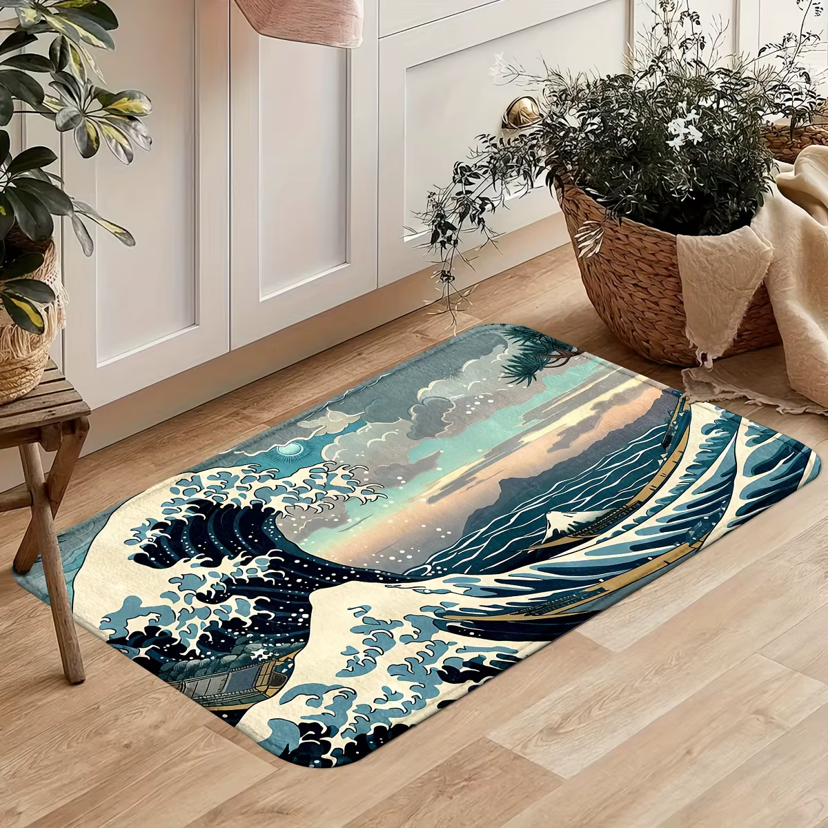 Tapis japonais à motif ondulé ukiyo-e, décoration de la maison, antidérapant, pour cuisine, entrée, 