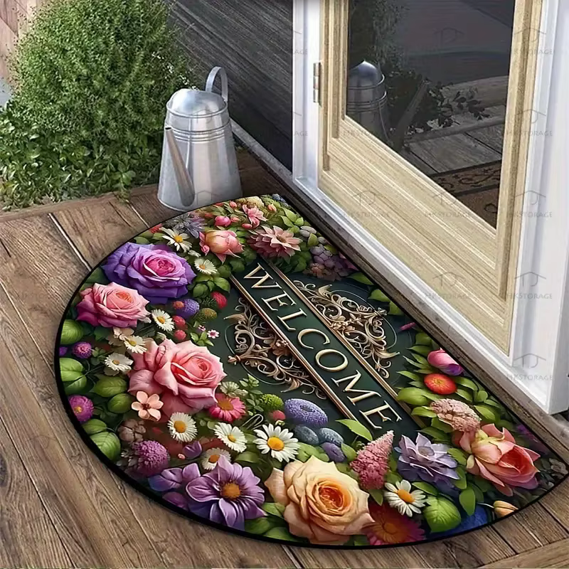 VIKAMA – tapis Semi-circulaire en flanelle florale, doux et antidérapant, pour cuisine, intérieur et
