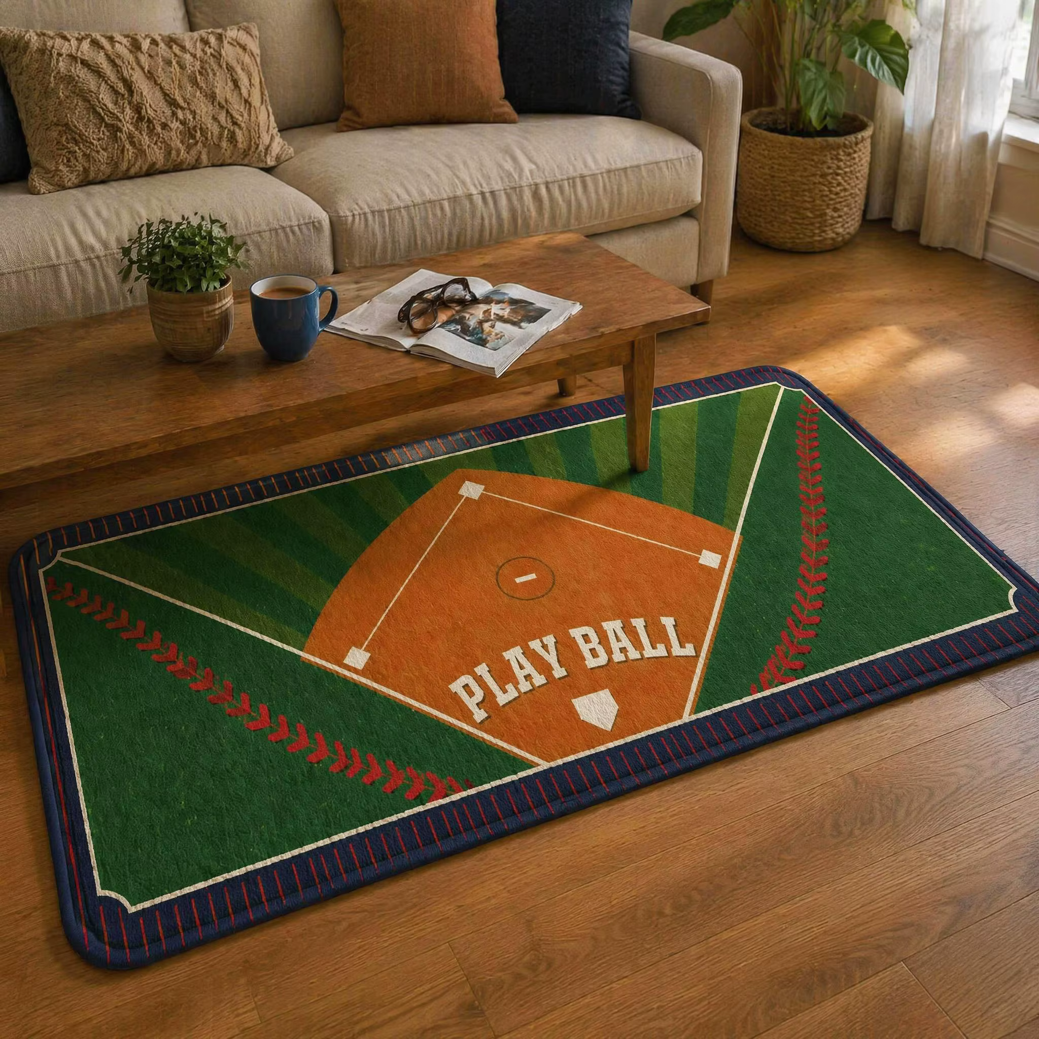 Tapis de sol imprimé Play Ball, tapis de sol antidérapant et imperméable, tapis lavable et résistant