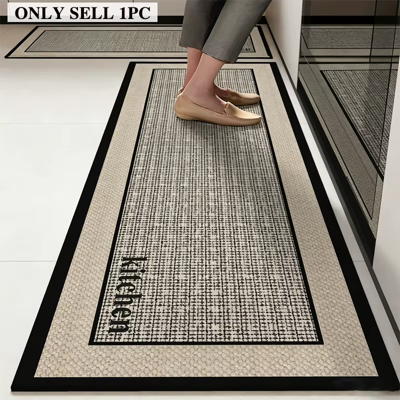 Tapis de sol de cuisine noir et beige à motif géométrique, résistant aux taches, antidérapant, longs