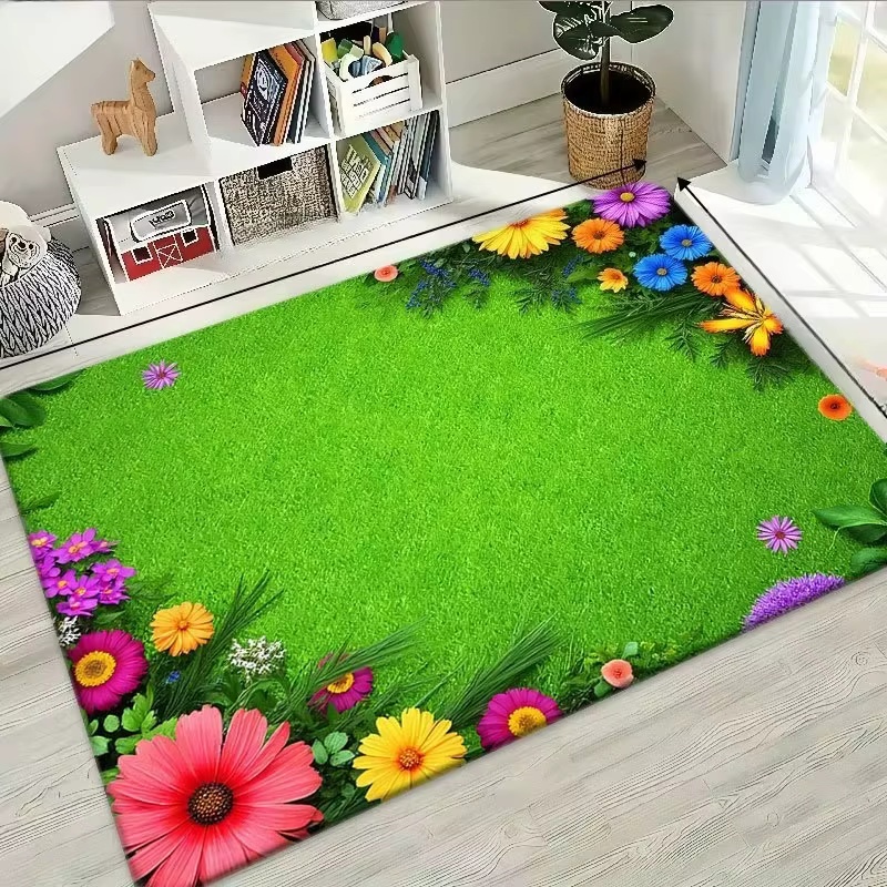 Tapis de printemps grand tapis de fond vert d'herbe fraîche, tapis imprimé de fleurs dispersées de p
