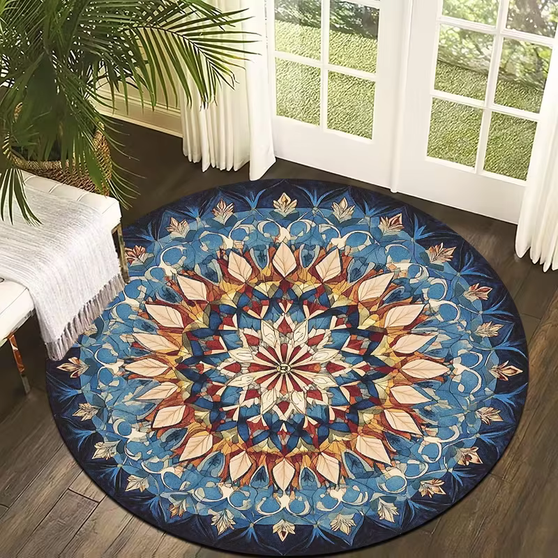 Tapis rond bohème floral style ferme, imprimé kaléidoscope botanique vintage, antidérapant, pour sal