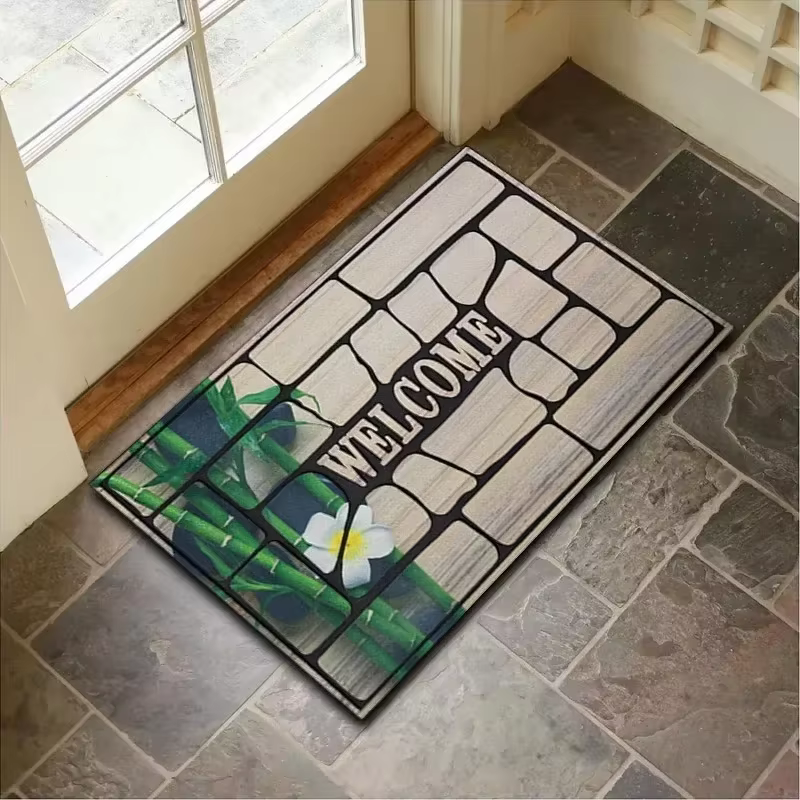 Tapis de porte à motif de pierre avec design de bienvenue pour la maison, tapis antidérapant durable