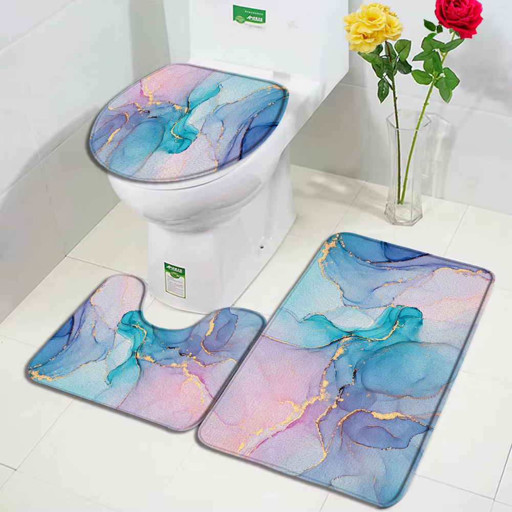 Ensemble de tapis de bain en marbre abstrait, ligne dorée, bleu, gris, noir, pour la maison, salle d