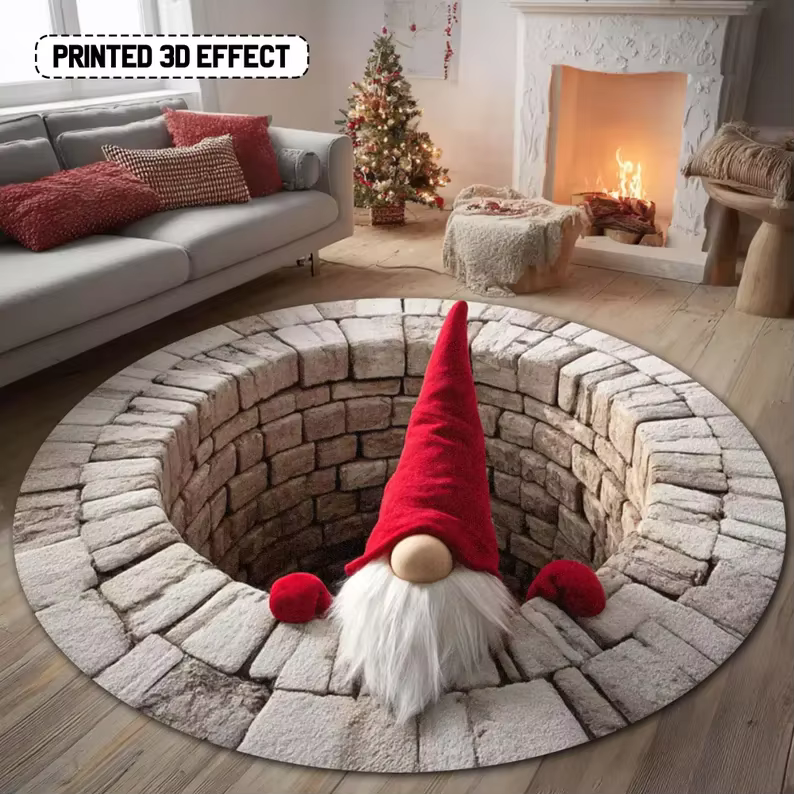 Tapis rond Gnome de noël, cadeau 3D, tapis d'illusion, vacances d'hiver, tapis de sol festif, décora