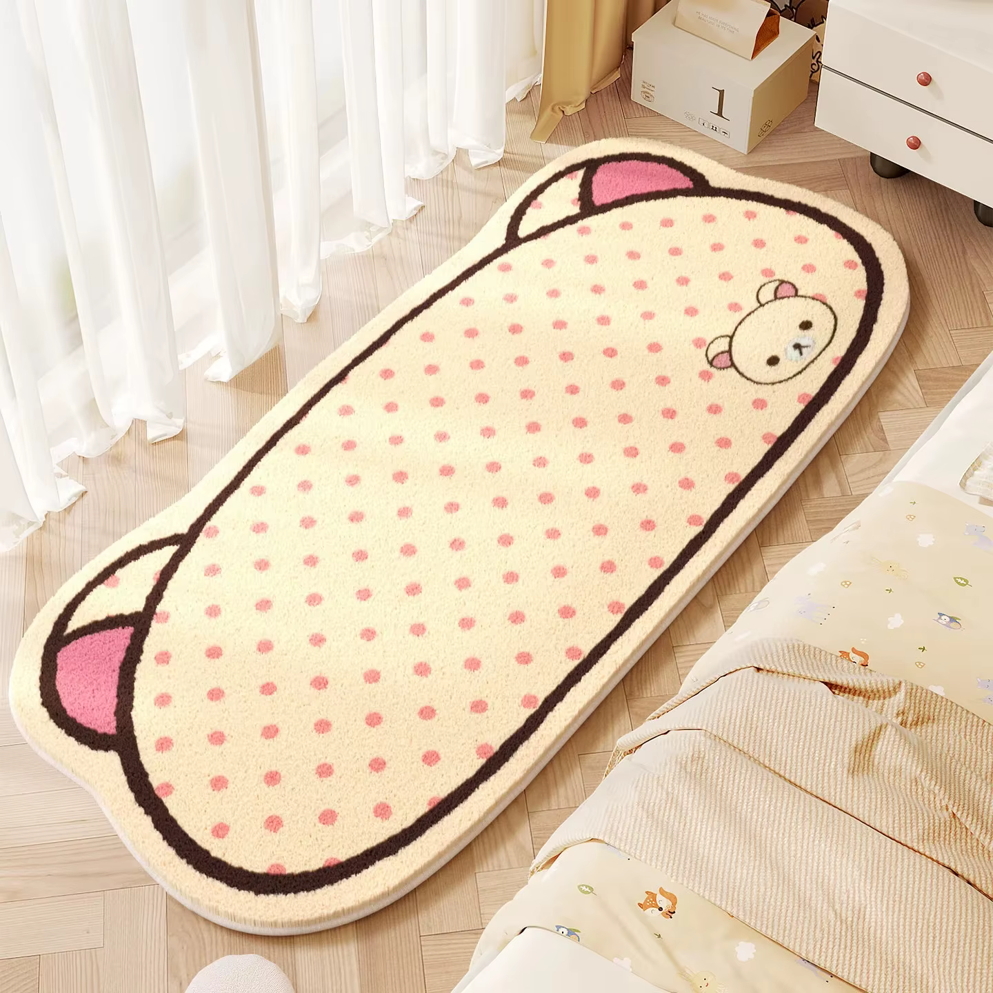 Tapis long en peluche Kawaii Rilakkuma, tapis de chevet antidérapant pour chambre à coucher, tapis e
