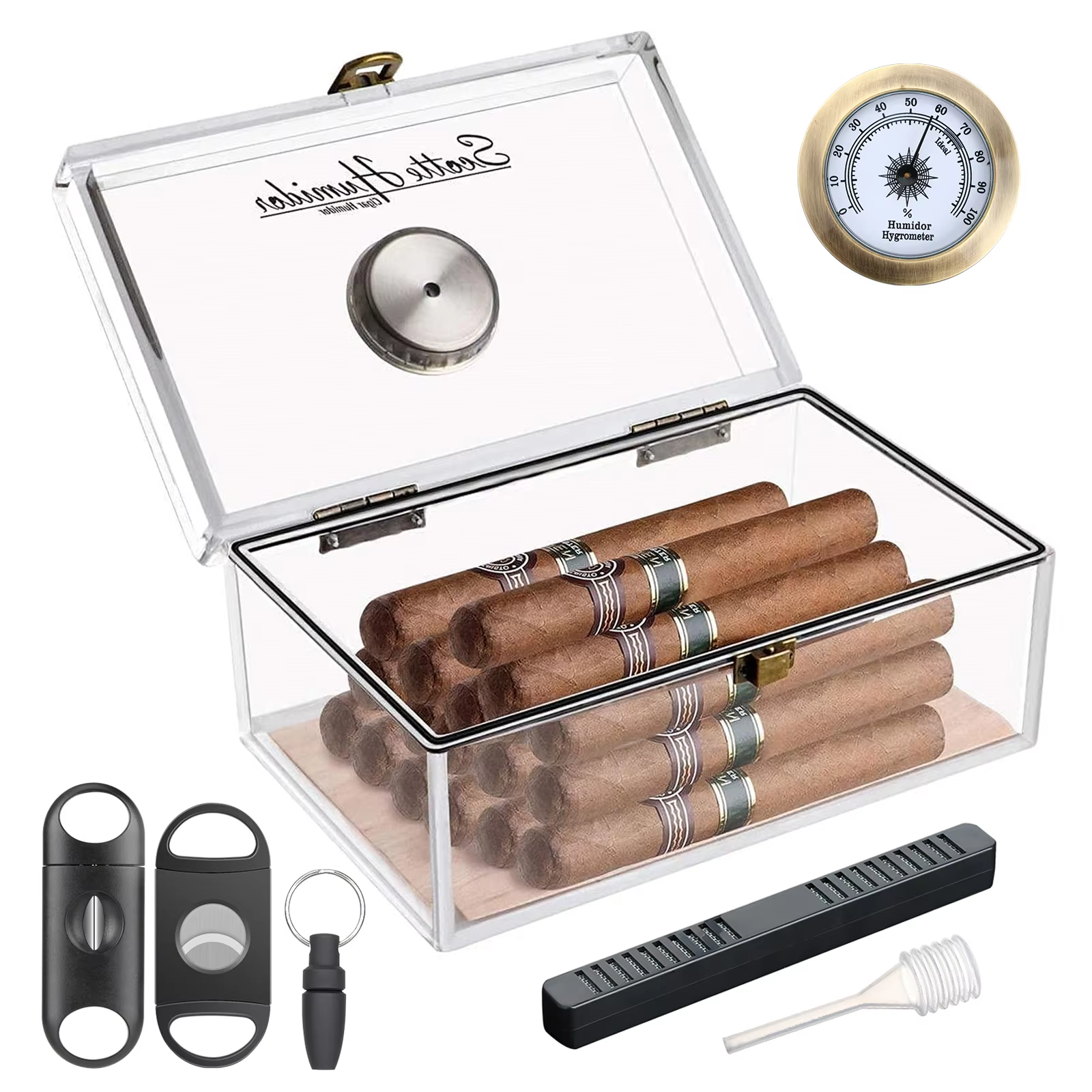 Étui à cigares Scotte en acrylique, boîte à cigares, hygromètre, humidificateur, peut contenir 20 ci