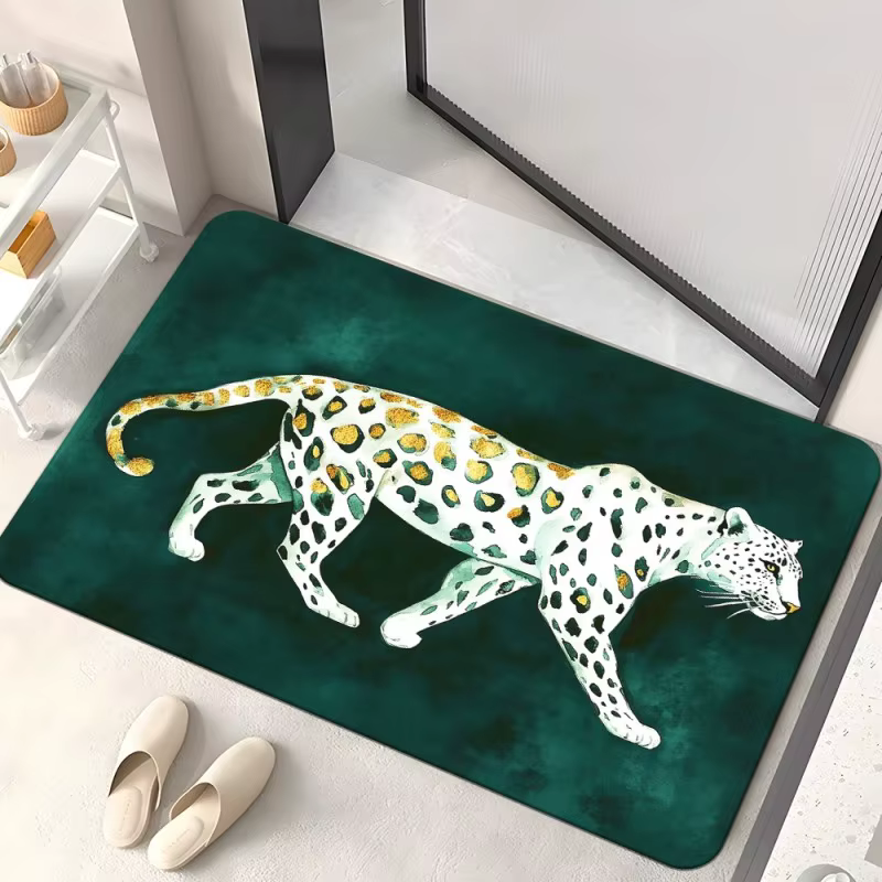 Tapis de bienvenue de luxe motif léopard, doré et vert, tapis de sol animalier pour intérieur et ext